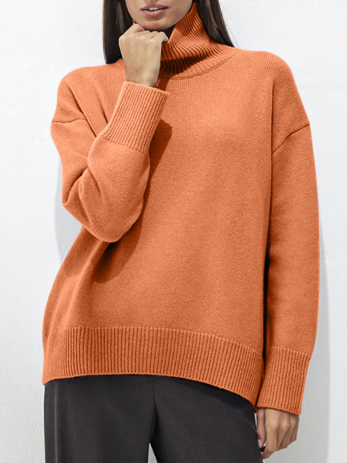 Turtleneck Women Sweater Basic Solid Oversized Long Sleeve Soft Knit Acrylic