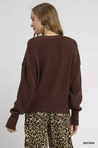 Umgee Women's Knit Cardigan Brown Button-Front V-Neck Solid Sweater 81a5d46e-631f-49ec-85b9-07eef6dc0d05-Max-Origin Trendsi