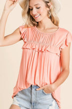 BiBi Jersey Top Ruffle Knit Gathered Coral Flaired Short Sleeve Blouse 81a9b528d6184c3499079412574b7d87-Max-Origin Trendsi