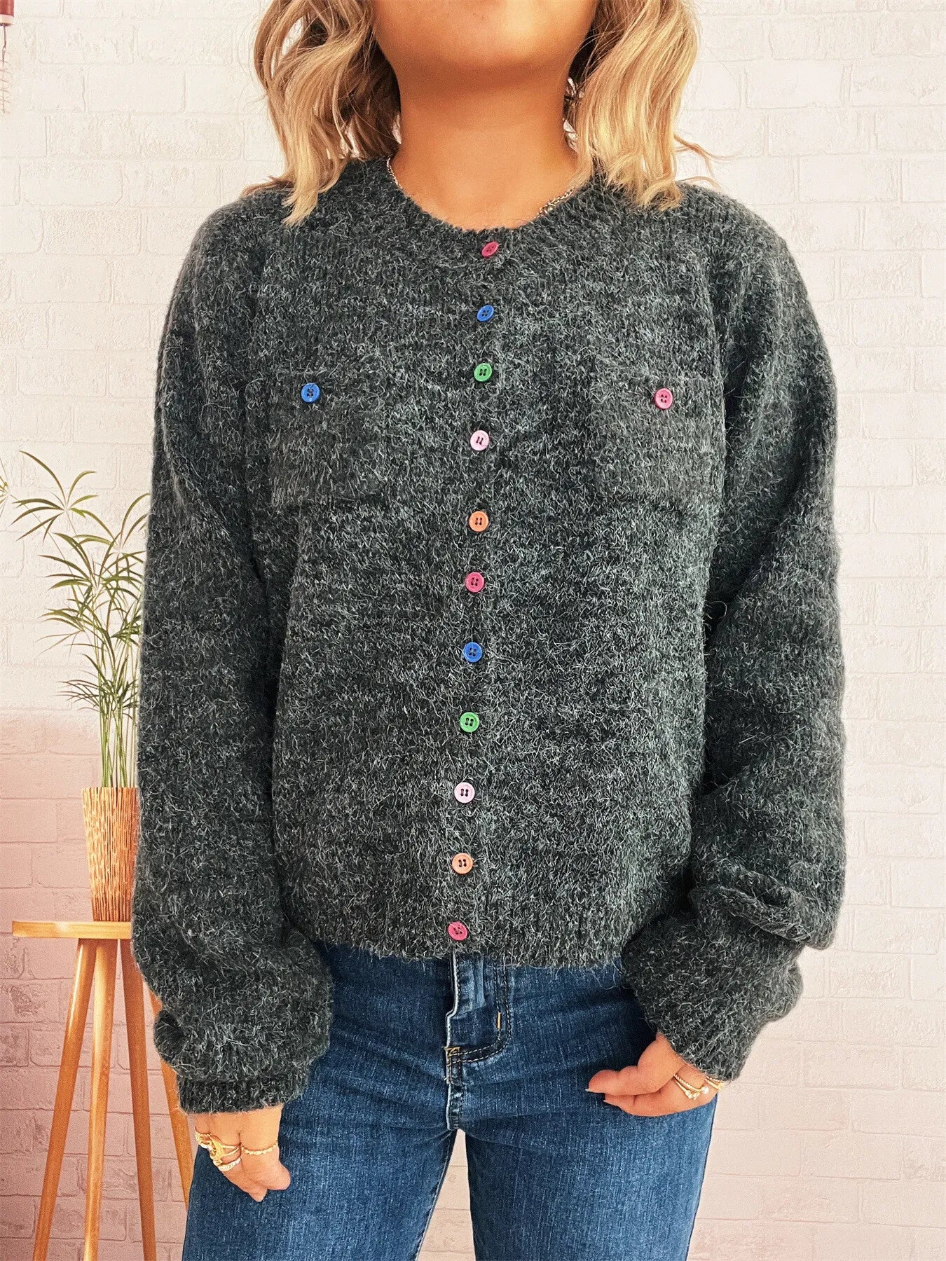 Women's Cardigan Colorful Button-Up Ribbed Hem with Chest Pocket 81b04236c88c418c8c8e0c7a9a579f6d-Max-Origin Trendsi