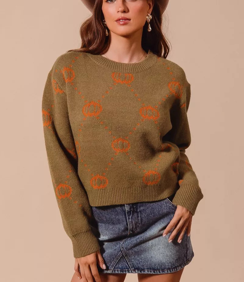SO ME Women's Sweater Pumpkin Rhombus Halloween Thanksgiving Pullover OLIVE RUST 81b0ed86-4b1d-41c7-b351-de8e42af9a50-Max-Origin Trendsi