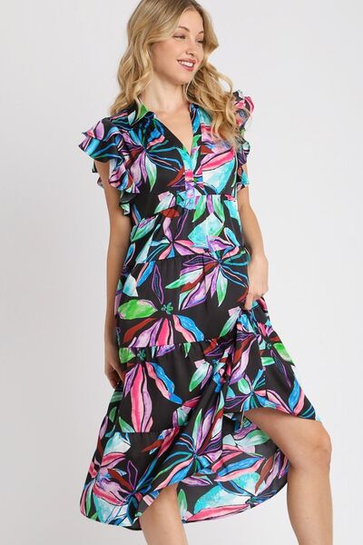 Umgee Ruffle Dress Leaf Black Colorful Print Double Layered Short Sleeve 81b6a95c-8c8f-43e0-85c2-3a040d3bbbc7-Min Trendsi