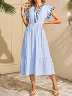 Striped Dress with Notched Neckline and Ruffled Sleeves