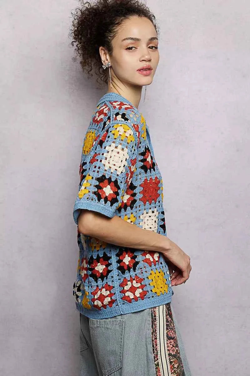 POL Crochet Women Shirt Sky Multi Floral Short Sleeve Relaxed Fit Top 81bedd20-5a21-40f3-9233-79405a733d85-Max-Origin Trendsi