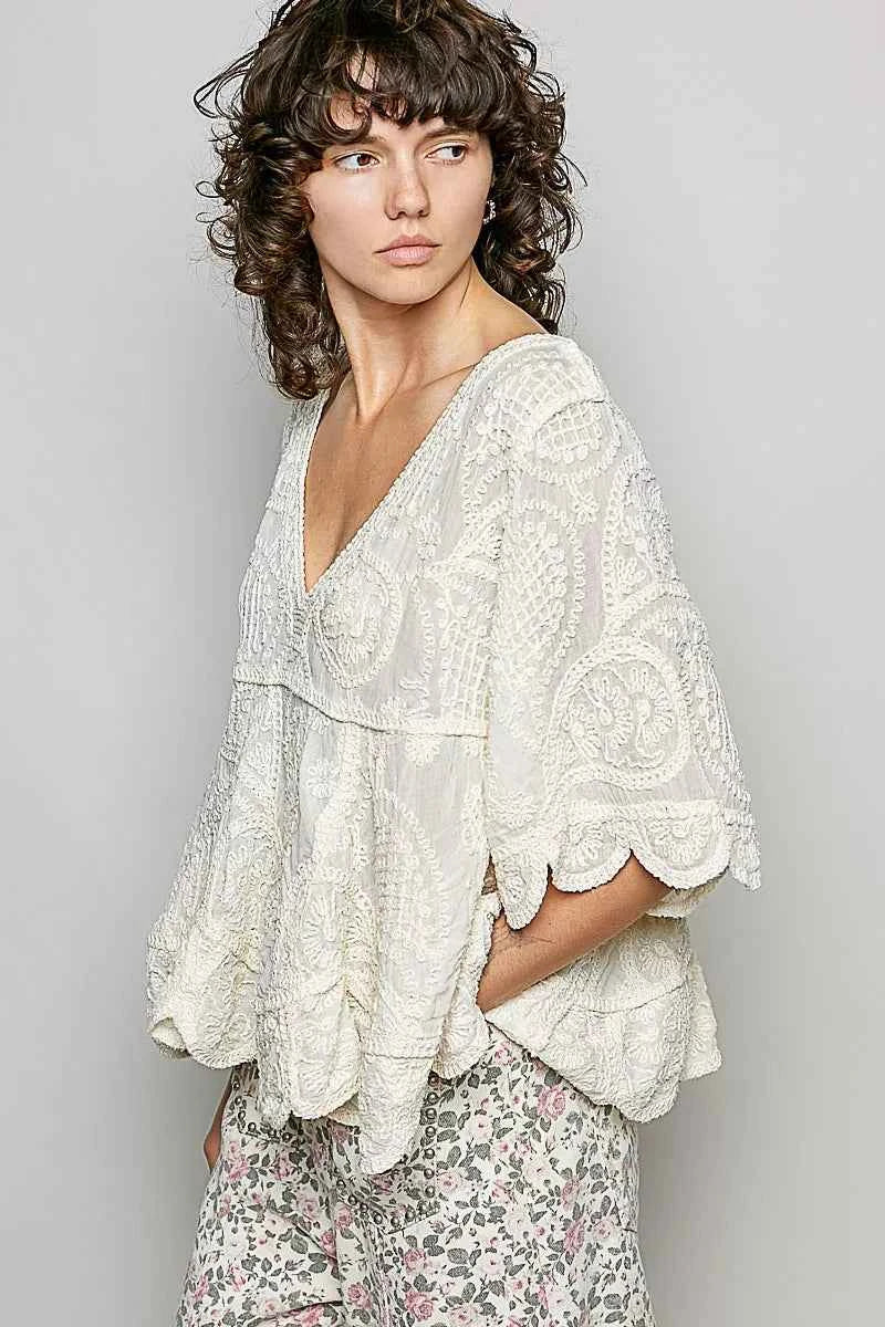 POL V-Neck Crochet Blouse with Scalloped Hem