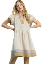 Umgee Color Block Linen Flutter Sleeve Dress