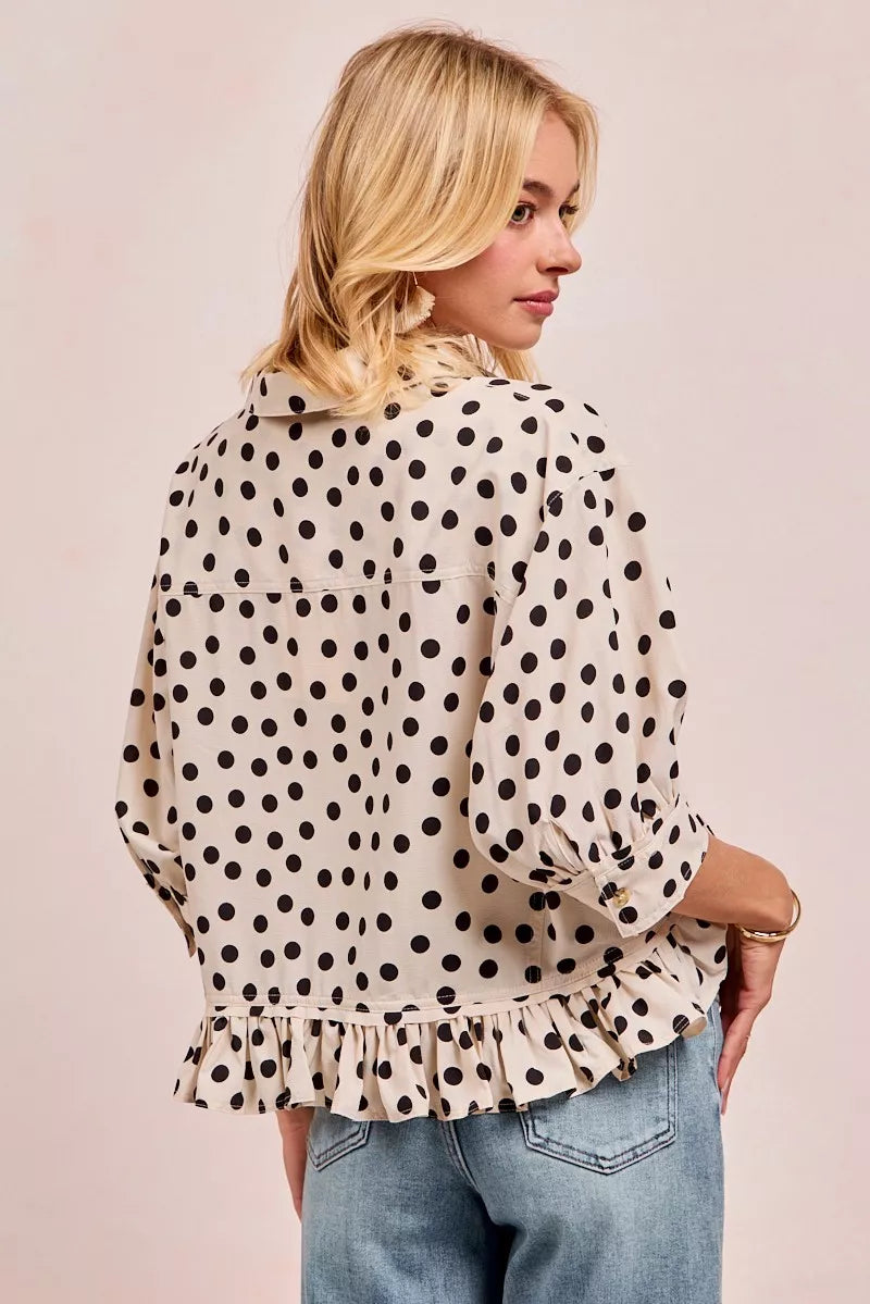 BiBi Womens Blouse Off White Black Polka Dot Peplum Top with Front Button 81c972b54ad040fc88c3caca42302443-Max-Origin Trendsi