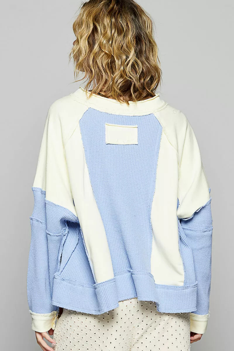 POL Women's Sweatshirt Cream Blue Color Block Waffle Knit Raw Hem Top 81d0c6cc-bb32-4faa-b3b6-78392c5d5ab6-Max-Origin Trendsi