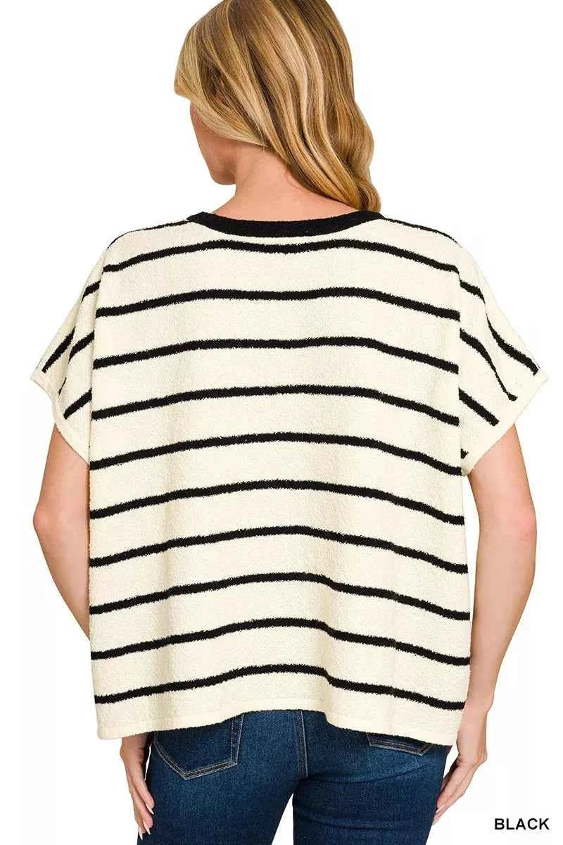 Zenana Sweater Top Black Striped Oversize Short Sleeve Blouse 81d19f6a7eb0427b8a115e162754f73f-Max-Origin Trendsi