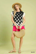 Umgee Blouse Black Hexagon Print Peplum Top Ruffled Short Sleeve Black 81da7880-049a-45c6-b1c4-e153e2a807a7-Max-Origin Trendsi