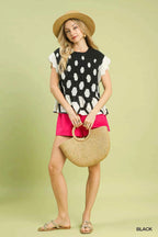 Umgee Blouse Black Hexagon Print Peplum Top Ruffled Short Sleeve Black 81da7880-049a-45c6-b1c4-e153e2a807a7-Max-Origin Trendsi