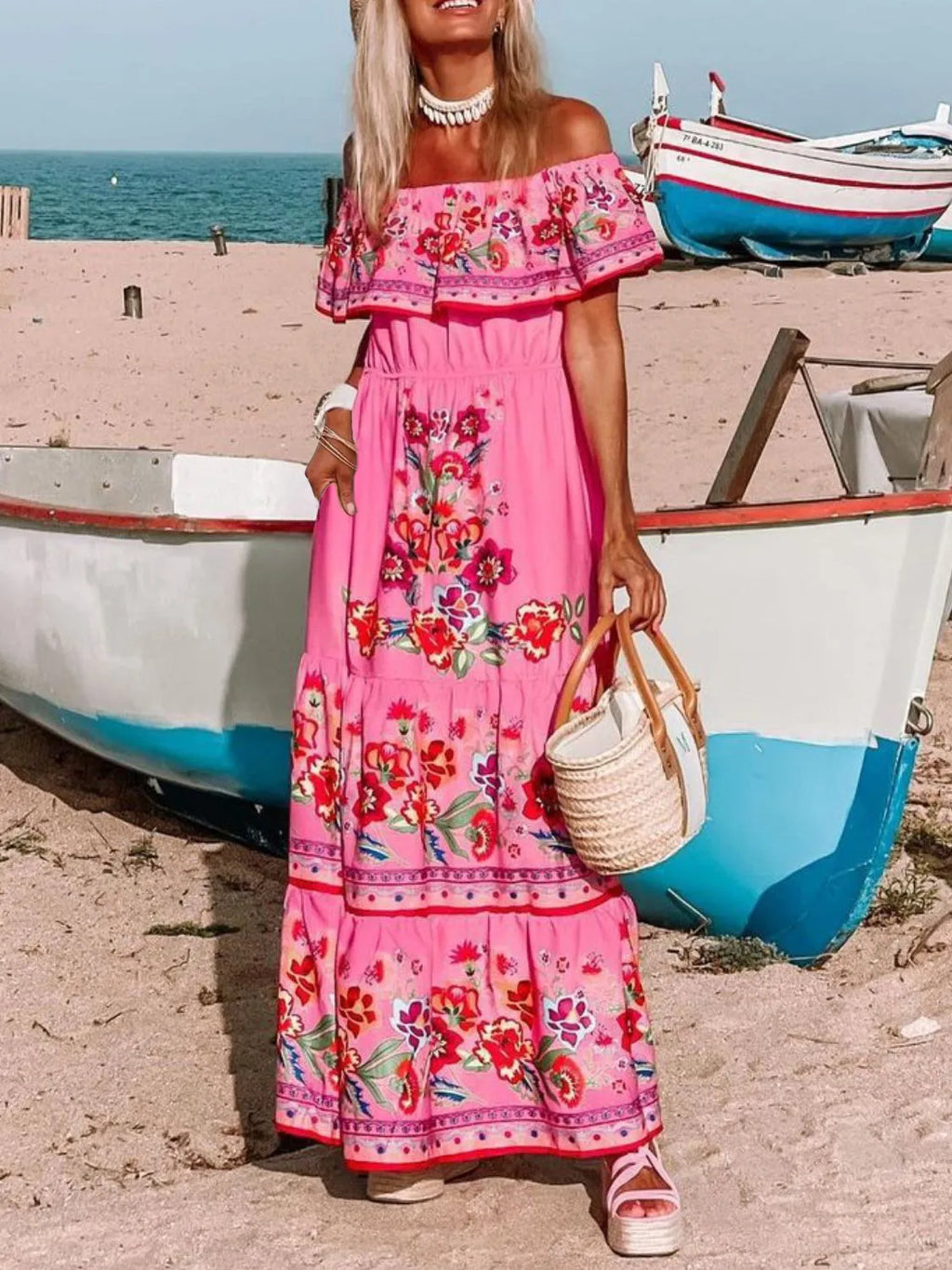 Floral Maxi Dress Off Shoulder Ruffle Belted High Waisted Ruched Fuchsia Pink 81dc0ff0-2df2-4daa-b372-880c019bea6c-Max-Origin Trendsi
