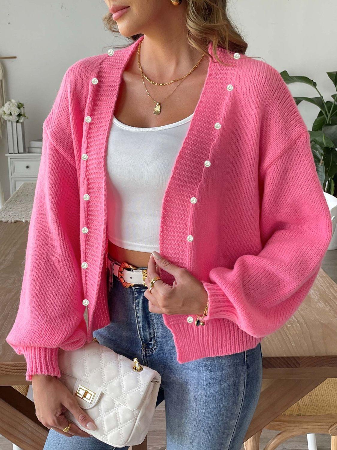 Pearl Cardigan Open Front Long Sleeve Soft Casual Knitwear Fuchsia Pink 81dd243a-91a8-4681-94ba-6b9b91493321-Max Trendsi