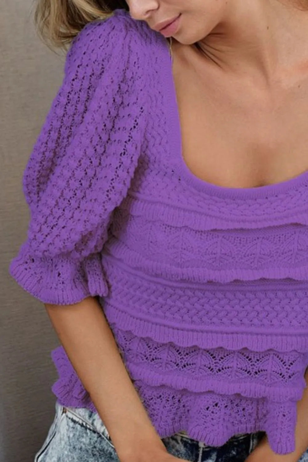 BiBi Crochet Top Lavender Square Neckline Ruffled with Puff Short Sleeve 81df7e93-0d4d-47b0-bda1-34a766b858e1-Max-Origin Trendsi
