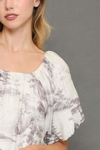 Umgee Top Khaki Two Tone Toile Print Top Short Puff Sleeve Blouse 81dfb2c5-8ffa-4982-9cfb-ace48c444e07-Max Trendsi