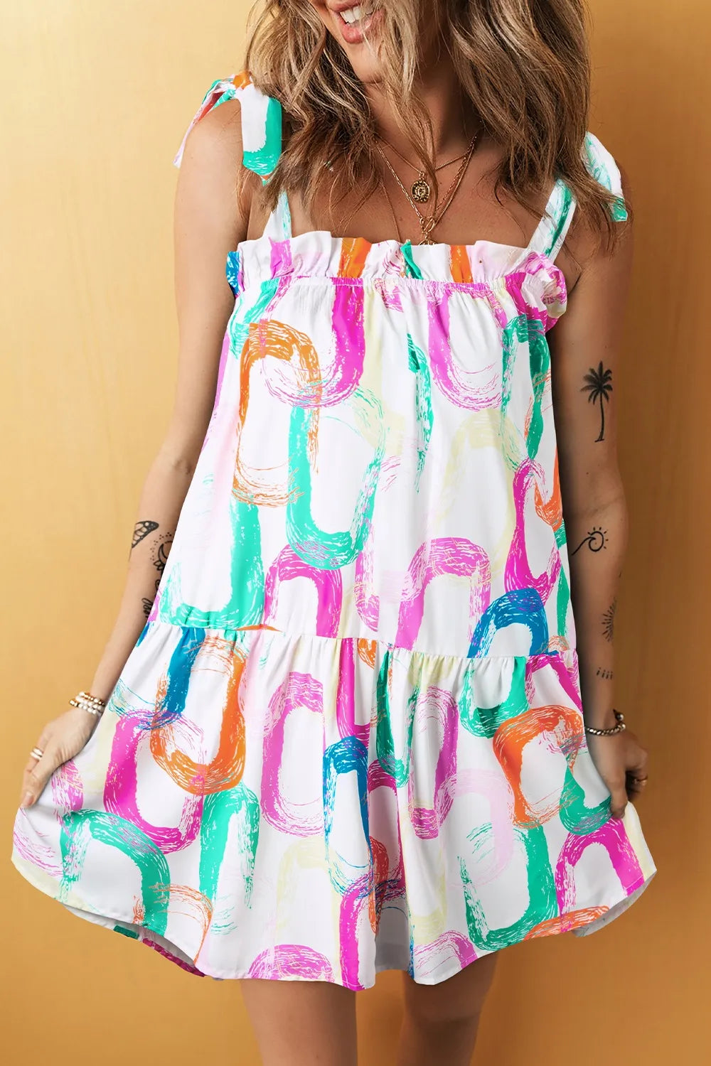 Abstract Print Knotted Straps Ruffled Mini Dress