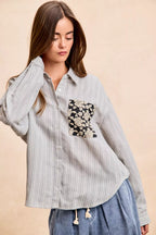 BiBi Womens Gray Stripe Shirt Black Flower Jacquard Knit Patch Pocket Top 81ee03ce31d245f3aea253562208d2d2-Max-Origin Trendsi