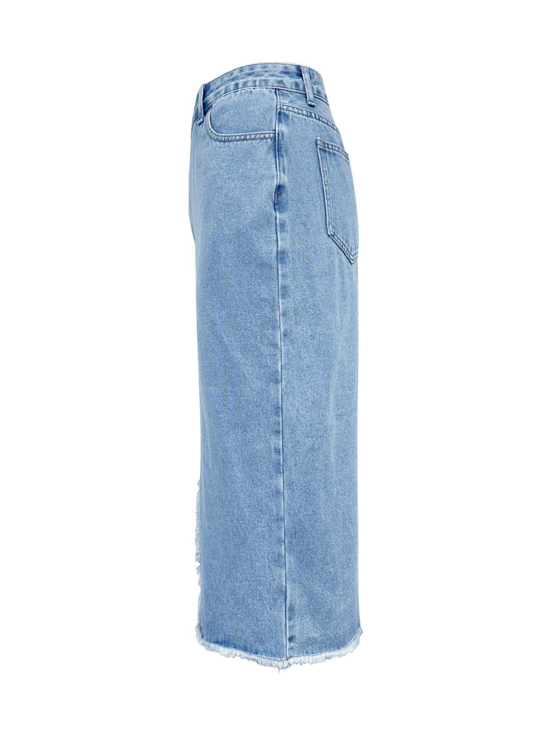 Midi Denim Skirt Front Slit Asymmetrical Waistband Blue Light Wash Skirts