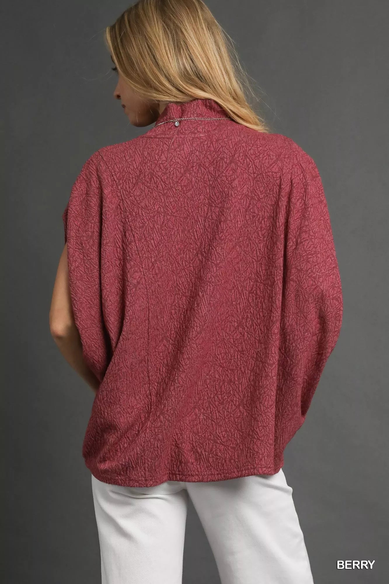 Umgee Womens Blouse Berry Textured Mock Neck Relaxed Top