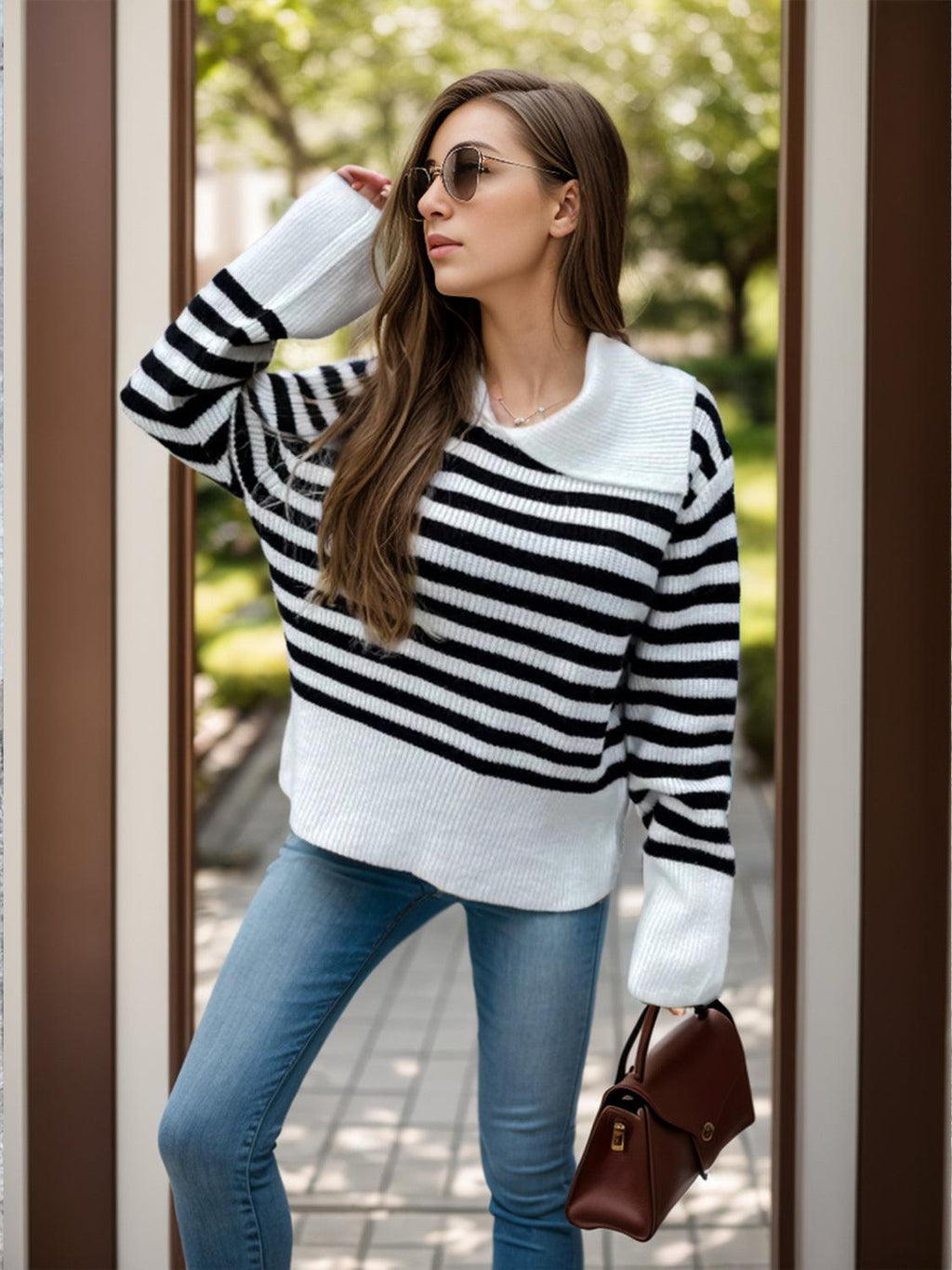 Striped Sweater Oversized Collared Neck Long Sleeve 820077d7-b69a-44da-9c3b-0bb6848d7d0f-Max Trendsi