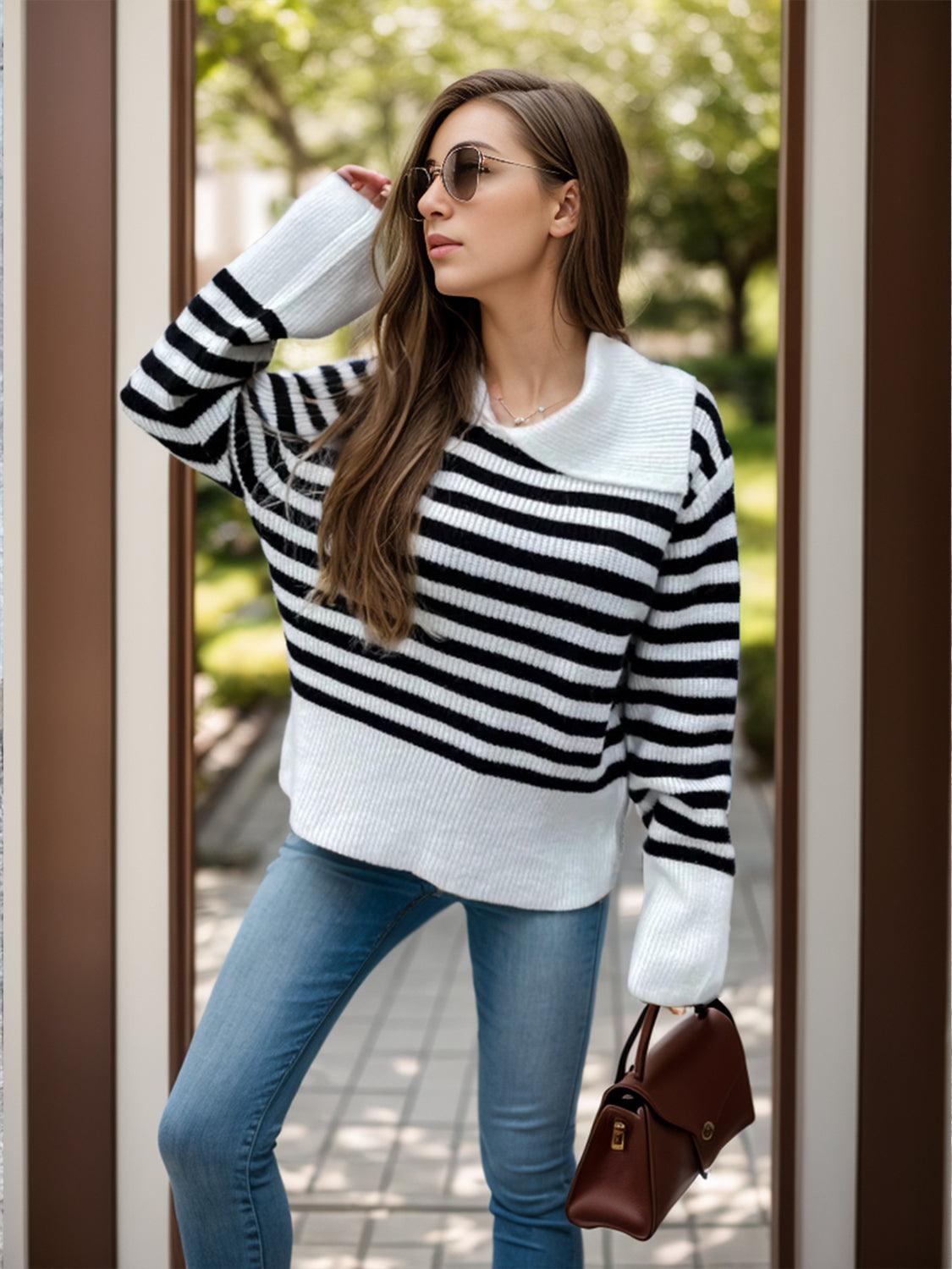 Striped Sweater Oversized Collared Neck Long Sleeve 820077d7-b69a-44da-9c3b-0bb6848d7d0f-Max Trendsi