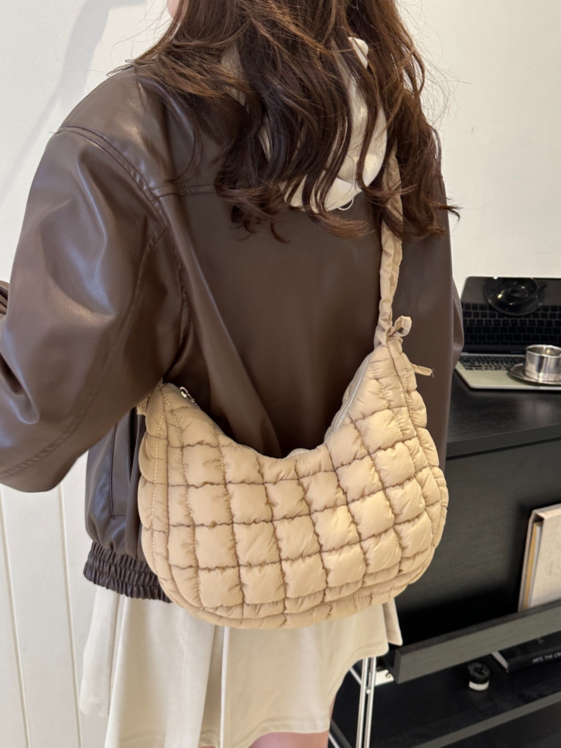 Large Shoulder Bag Bubble Square Texture Ruched Strap Quilted Zip Purses