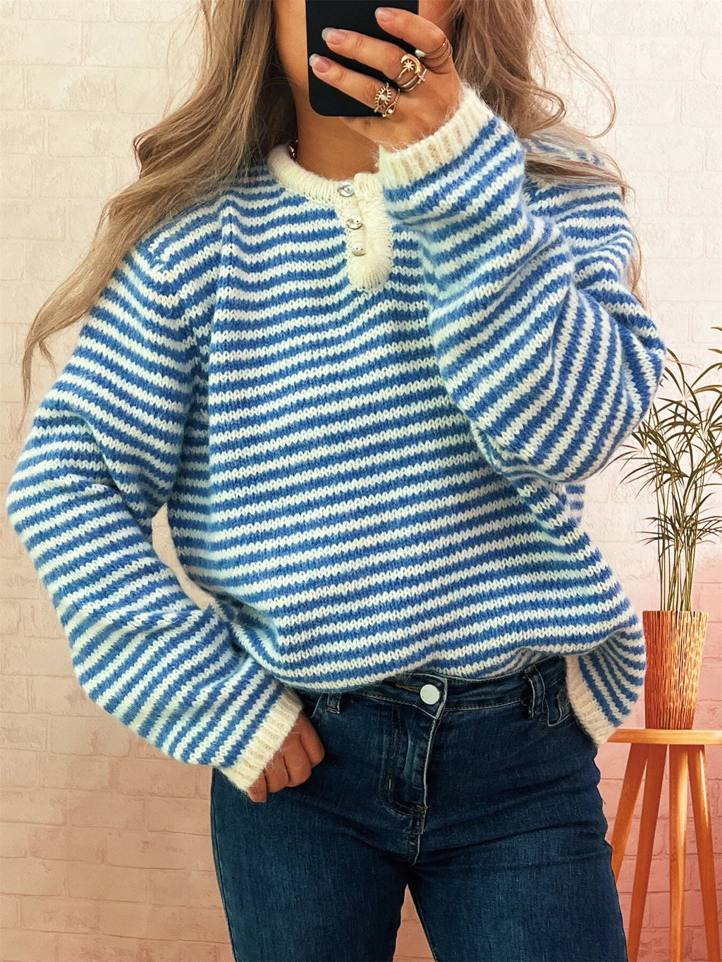 Women's Sweater Striped Button Detail Long Sleeve Pullover 820245d7aaa241dfa60f2402cd88cecb-Max-Origin Trendsi