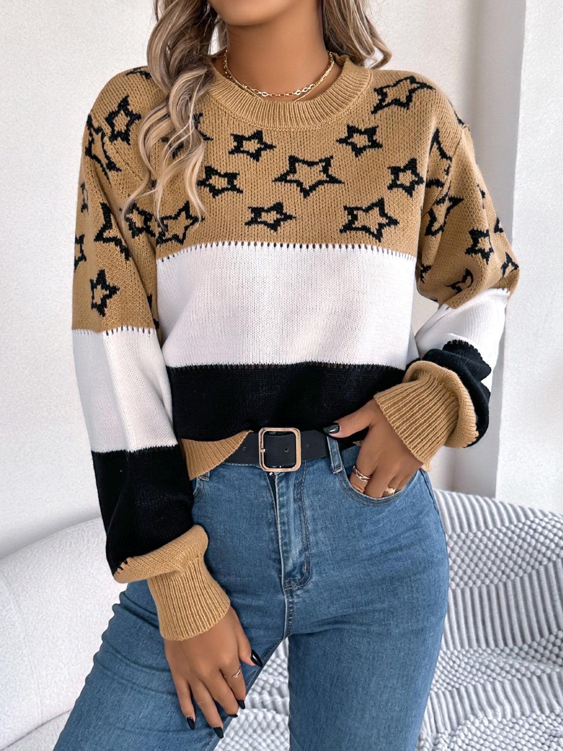 Sweater Star Contrast Round Neck Long Sleeve Knitwear 82059114-cb7b-4d11-80fe-71d155a9975c-Max Trendsi