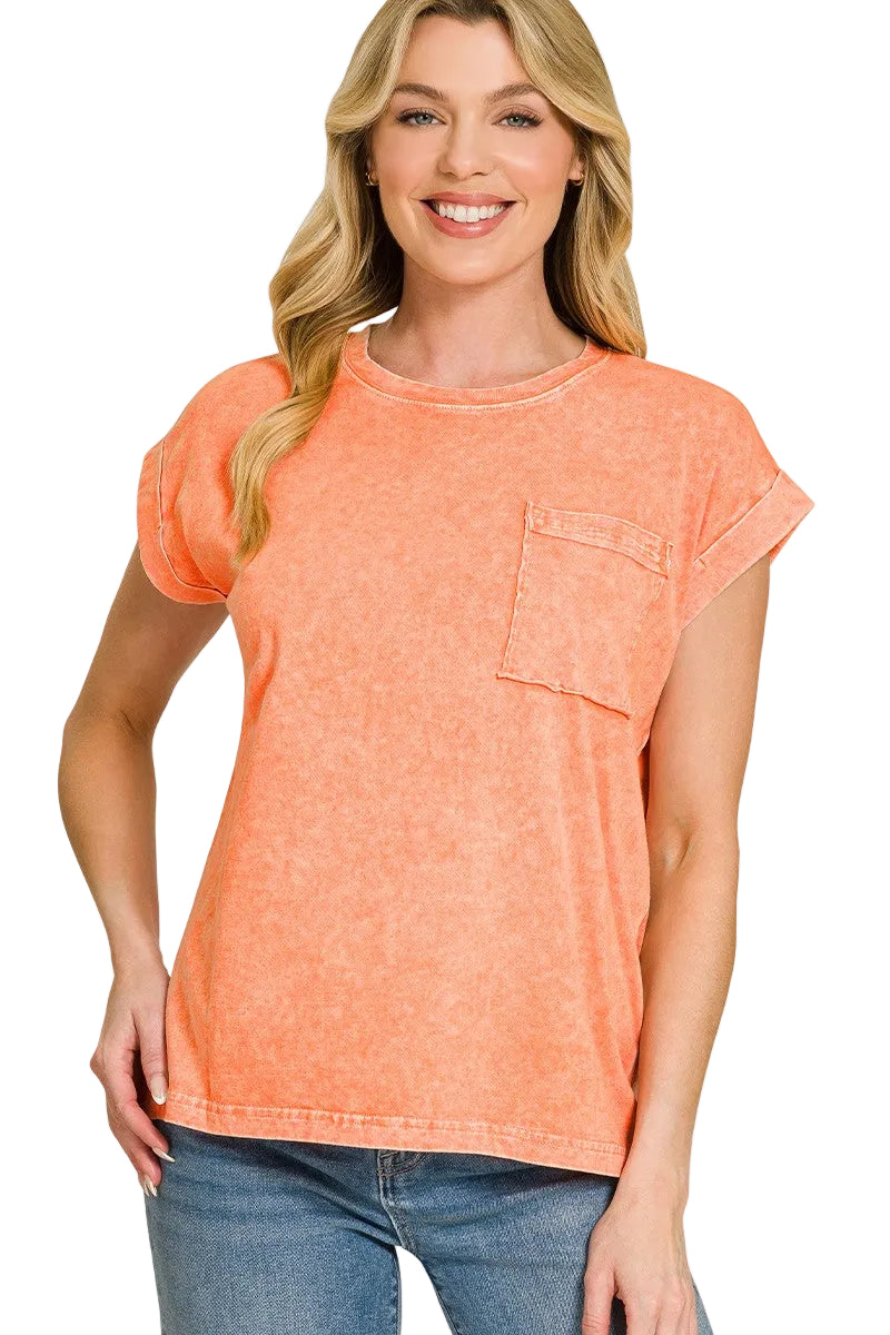 Zenana Halo Snow Washed Cuffed Short Sleeve T-Shirt