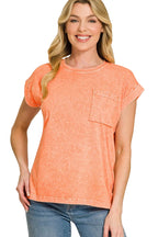 Zenana Halo Snow Washed Cuffed Short Sleeve T-Shirt