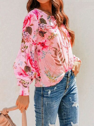 Floral Blouse Smocked Printed Round Neck Lantern Long Sleeve Top 820aabf4-a017-484b-88d5-8224de493817-Min Trendsi