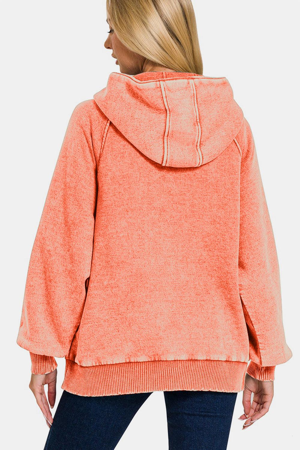 Zenana Hoodie Fleece Kangaroo Pocketed Acid Wash Coral Sweatshirt