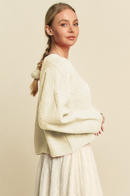 Davi & Dani Sweater Ivory Diamond Cable Pattern Drop Shoulder Long Sleeve 821726e4-5097-4e23-985c-32680616a05b-Max Trendsi