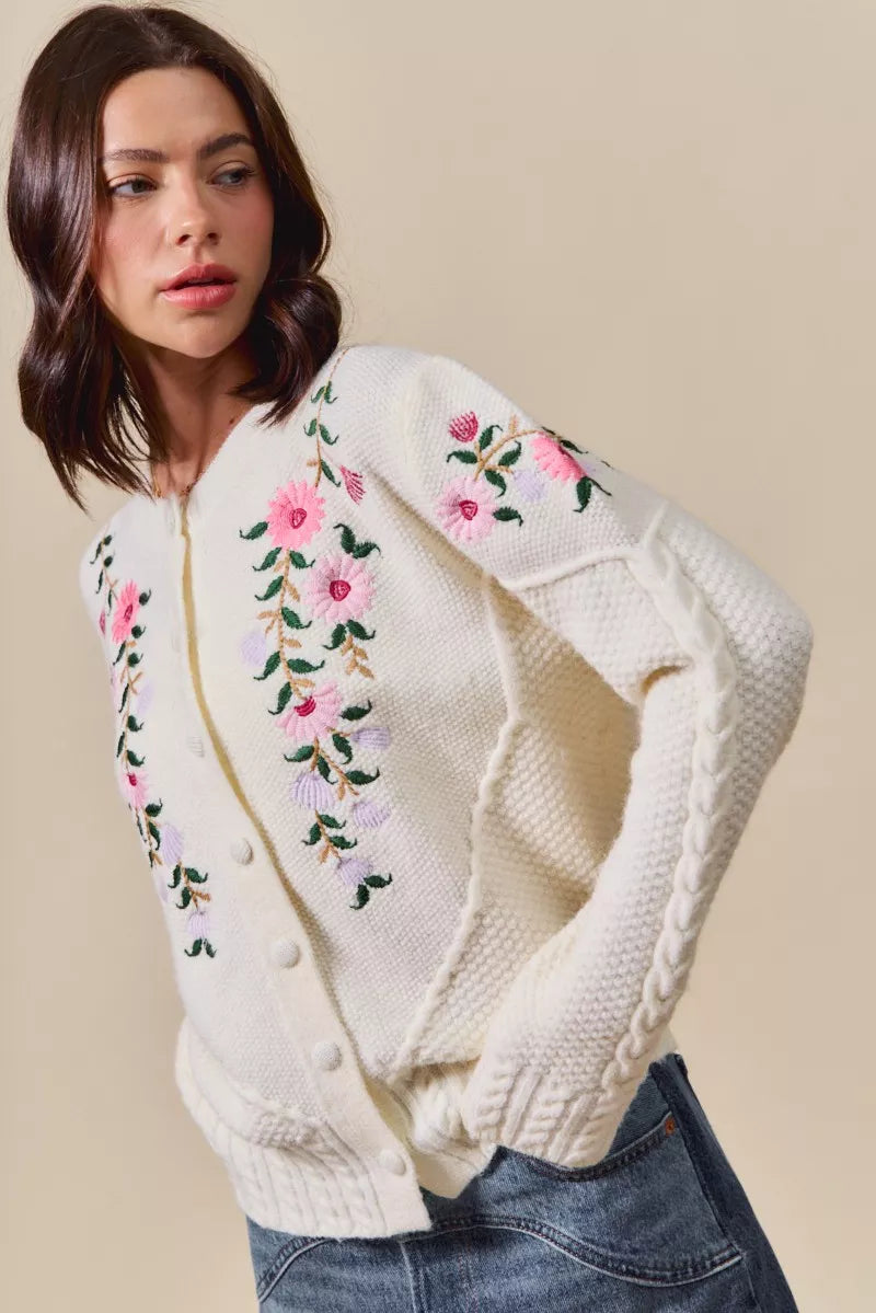SO ME Women's Sweater Cardigan Floral Embroidered Coquette Ivory Cable-Knit 82231fa824b54de890ed4230034a7bbc-Max-Origin Trendsi