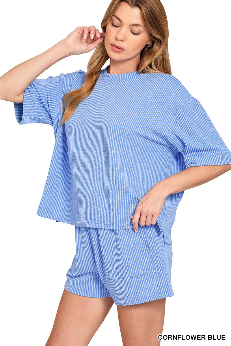 Zenana Outfit Set Blue Raised Rib Short Sleeve Top Tee and Drawstring Shorts 82240ef1-331d-424d-83df-303369868830-Max-Origin Trendsi