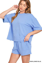 Zenana Outfit Set Blue Raised Rib Short Sleeve Top Tee and Drawstring Shorts 82240ef1-331d-424d-83df-303369868830-Max-Origin Trendsi