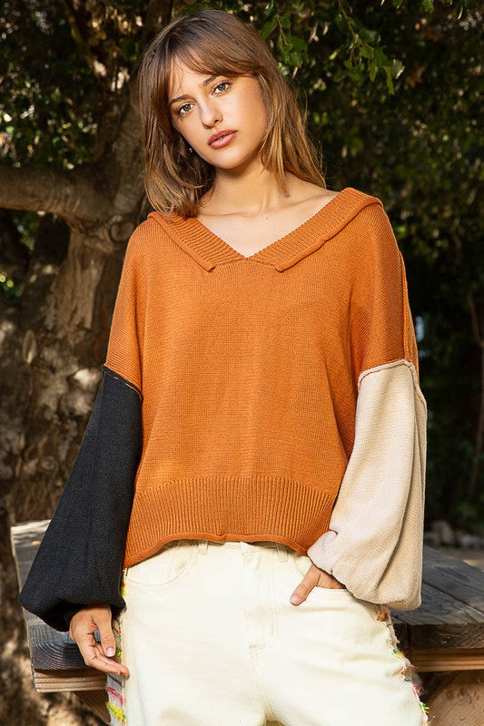 POL 100% cotton Sweater Exposed Seam Roll Edge Orange Color Block V Neck