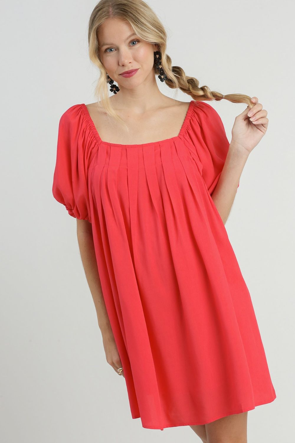 Umgee Mini Dress Red Ruffle Squared Neck Puff Short Sleeve 823a3741-54f5-412f-886f-b1e0d558a4b7-Max Trendsi