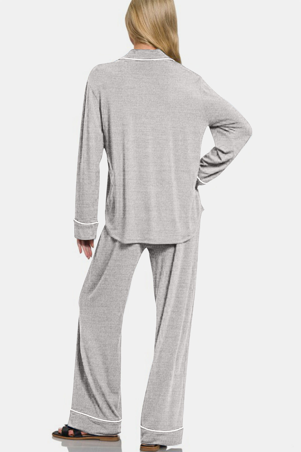Zenana Lounge Set - 2 Pieces Light Gray Button Down Long Sleeve 823d37a7-8c5b-443a-9835-a93f83ff6592-Max Trendsi