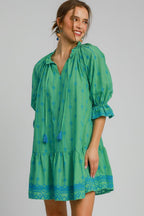 Umgee Cotton Mini Dress Green Embroidered Tassel Ruffle 3/4 Sleeve S-2XL Green 8242ee93-9a94-4d70-a28a-e445165b48ec-Max Trendsi