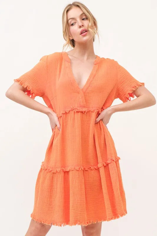 And The Why Tiered Dress Orange Washed Frayed Detail Raw Hem Short Sleeve Orange 824990cf410b40928be9eda9313caff5-Max-Origin Trendsi