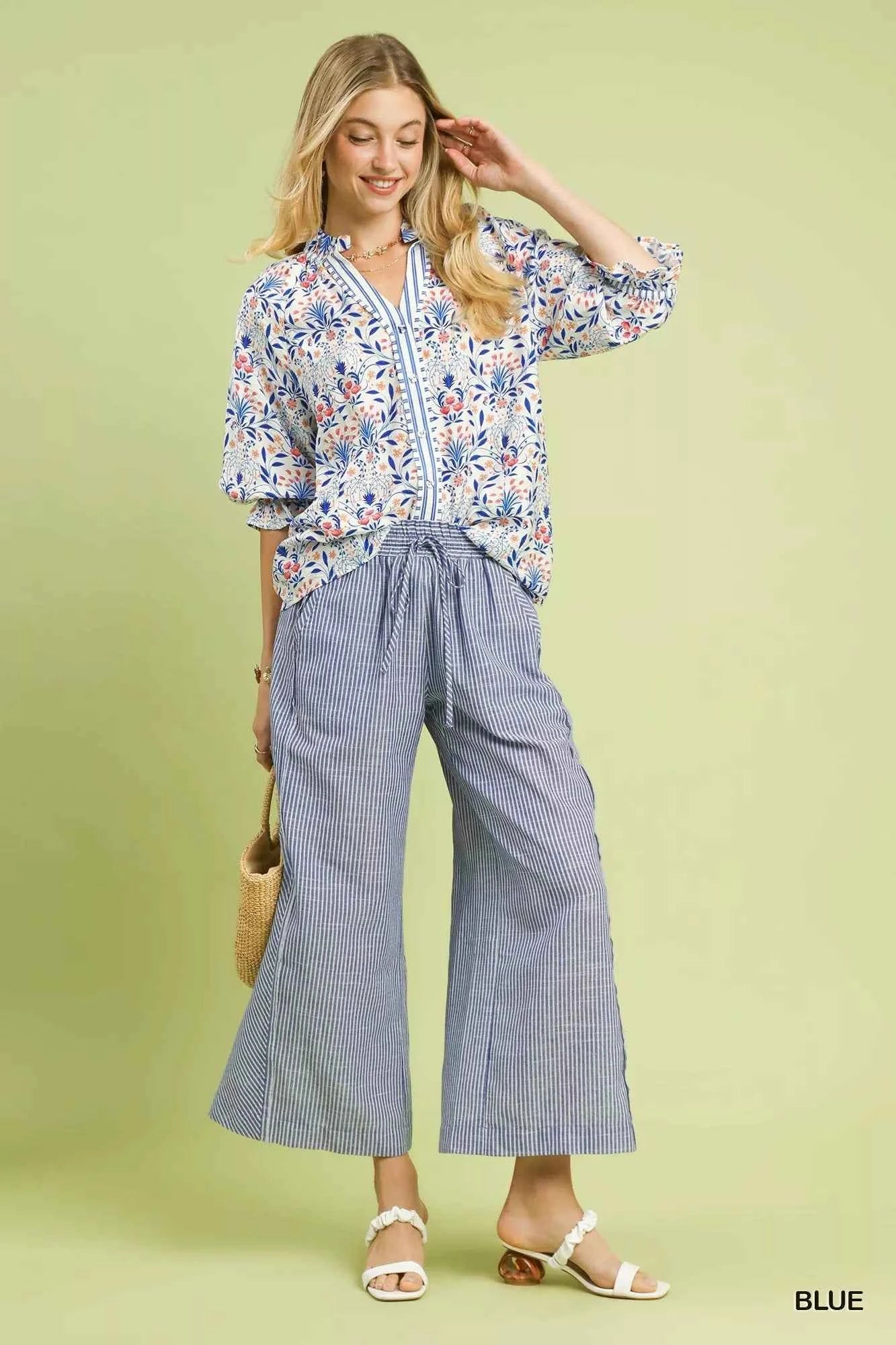 Umgee Linen Blend Wide Leg Pants Blue Striped Drawstring Waist Trousers 8250243a-8b30-45ff-80b2-f592a9bb3109-Max-Origin Trendsi