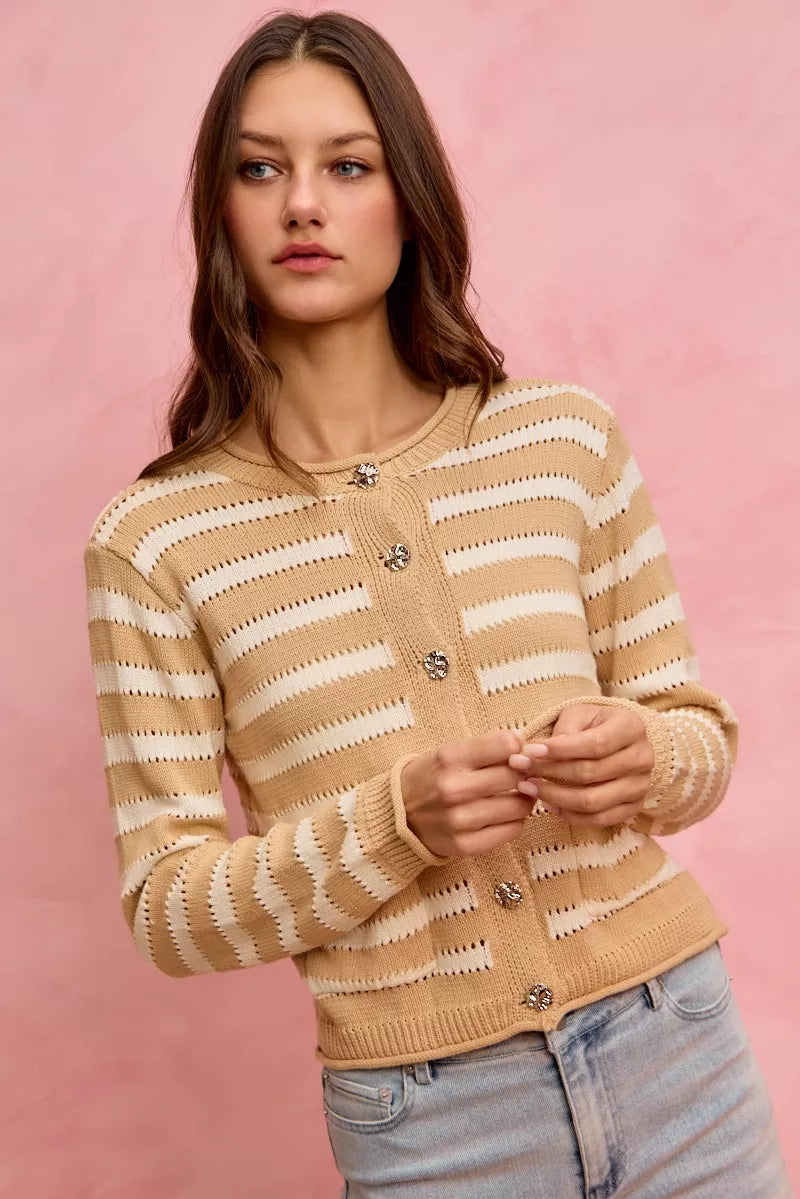 SO ME Women Sweater Cardigan Stripe White Beige Long Sleeves Buttoned 82544e46b36d49f3a8bfae413f77fed4-Max-Origin Trendsi
