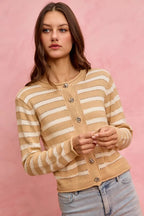 SO ME Women Sweater Cardigan Stripe White Beige Long Sleeves Buttoned 82544e46b36d49f3a8bfae413f77fed4-Max-Origin Trendsi
