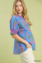Umgee Womens Blouse Blue Floral V-Neck Puff Short Sleeve Top 8259526a-e561-4018-85e9-d84d3b3cacc0-Max-Origin Trendsi