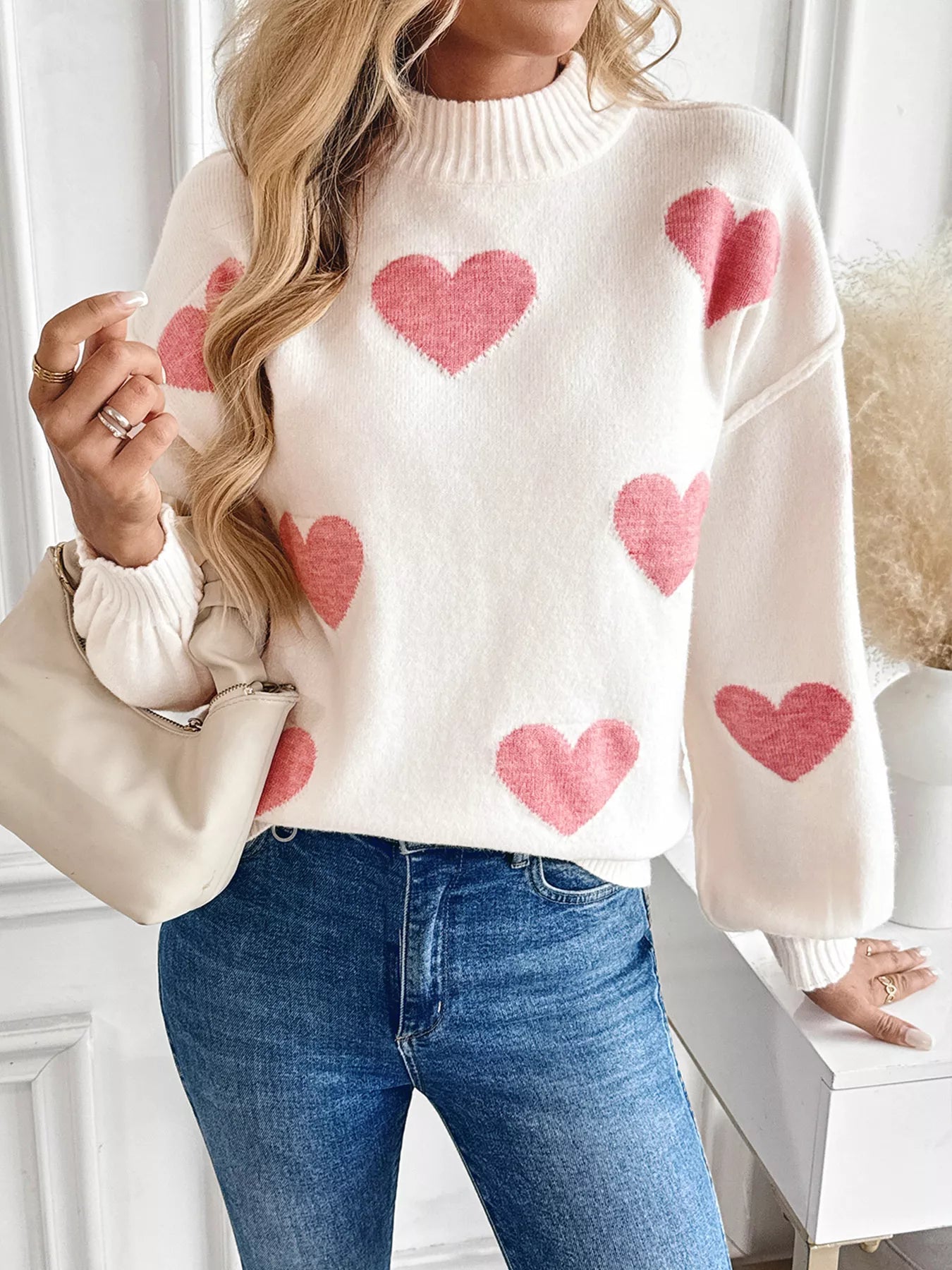 Women's Sweater Heart Mock Neck Long Sleeve Soft Knit Pullover Pale Blush 8267bef83e20444ab248e249919d5b28-Max-Origin Trendsi