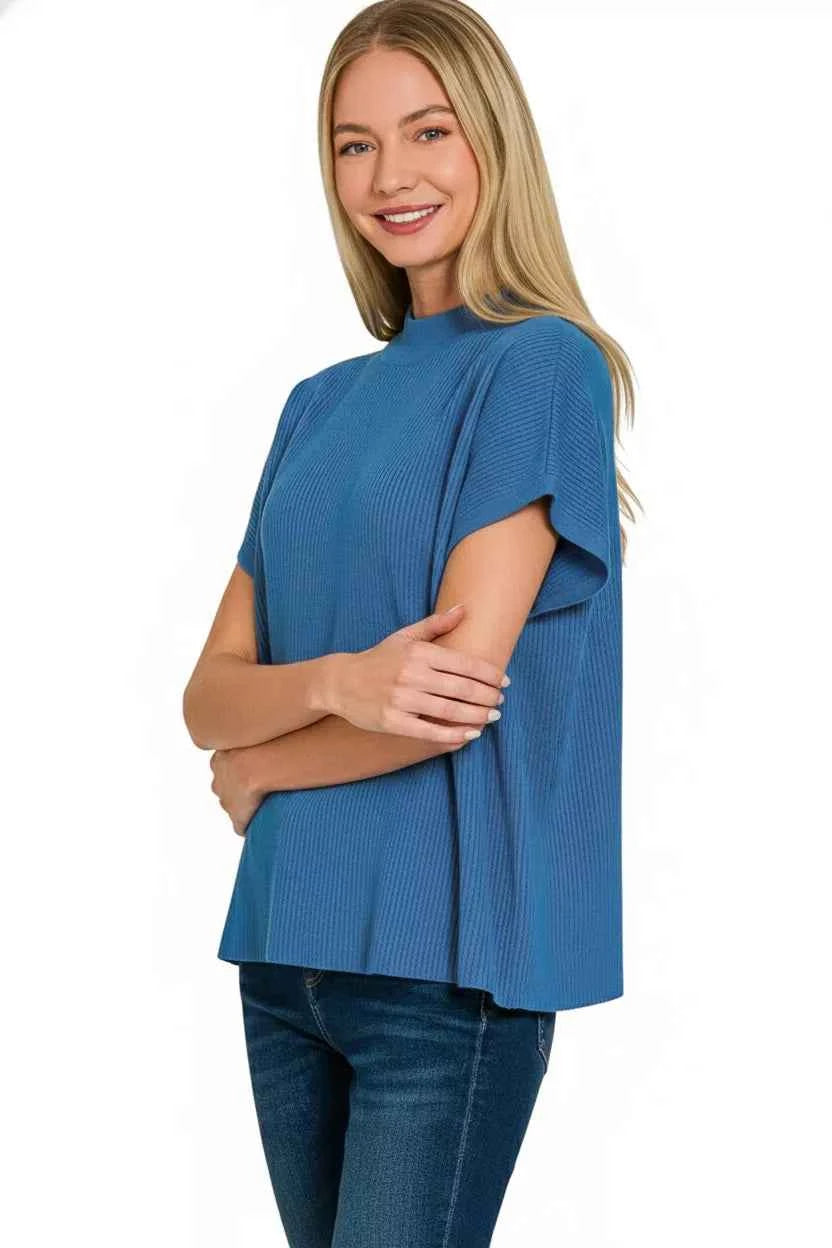 Zenana Viscose Mock Neck Short Sleeve Boxy Sweater