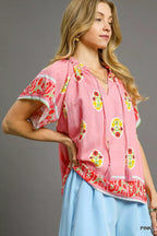 Umgee Blouse Pink Boho Bloom Border Print Short Sleeve Top 82744057-348c-40a7-861d-20e75aeabfa2-Max-Origin Trendsi
