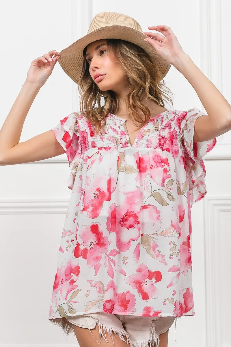 BiBi Blouse Ruffled Floral Print Flutter Sheer Top Short Sleeve 82758eef4ee14599bf61044f1cb21afb-Max-Origin Trendsi