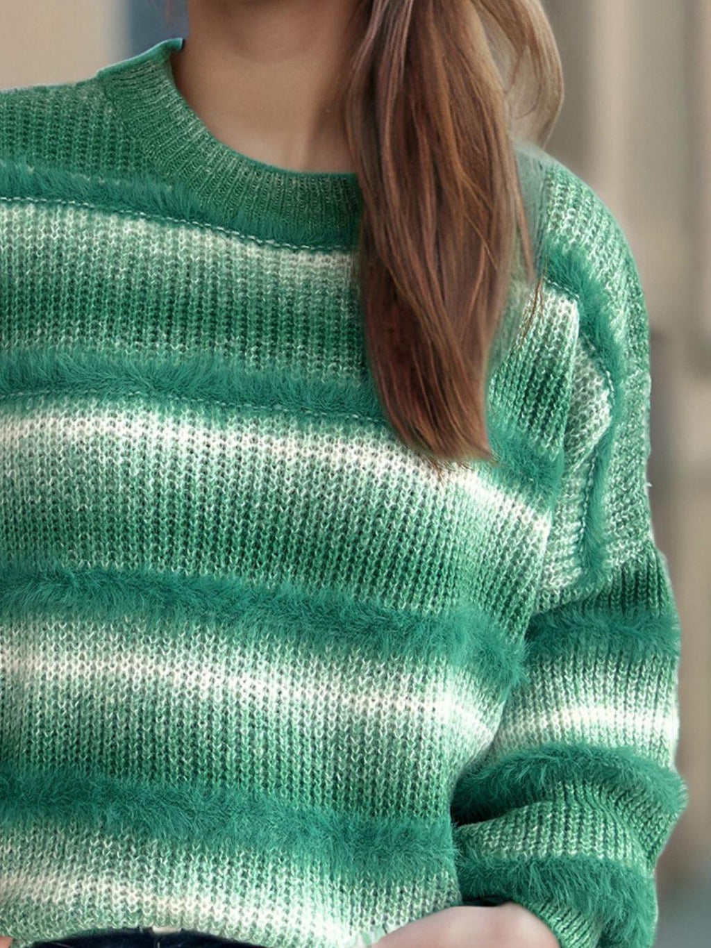 Gradient Striped Sweater Round Neck Dropped Shoulder Pullover